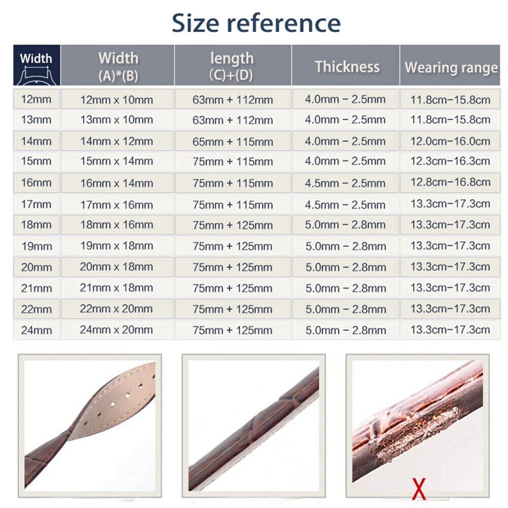 Genuine Leather Watch Band Strap Butterfly Buckle Bracelet 14/16/18/20/22/24mm