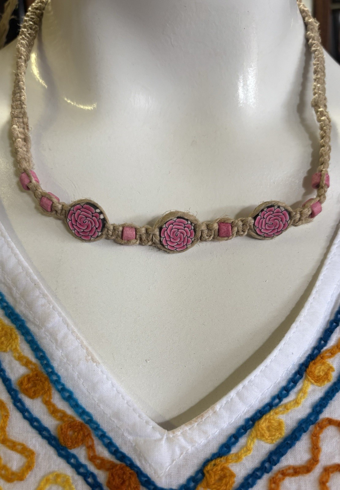 Beige Braided Cord Beaded Choker Necklace Pink Resin Rose Flower Adjustable Tie