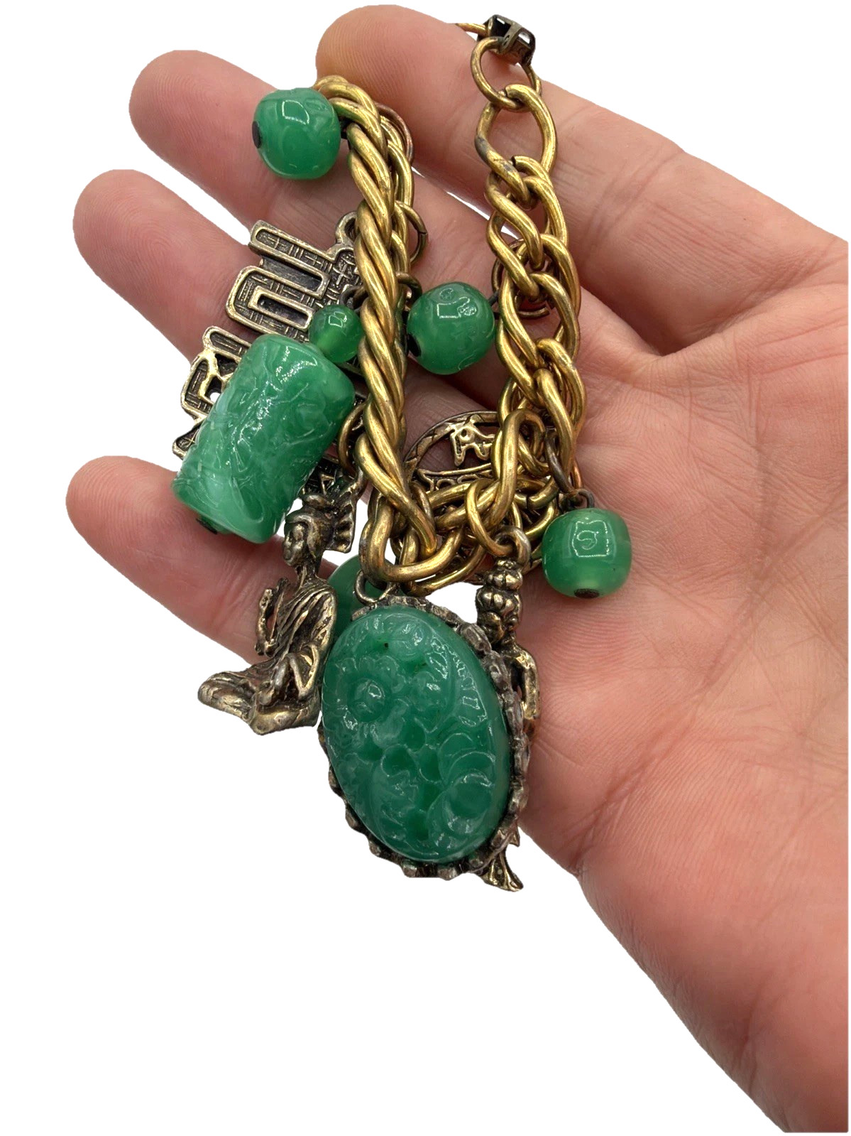 Vintage Gold Tone FOB Bracelet Green Carved Stone Jade‑Style Charms Asian Motif