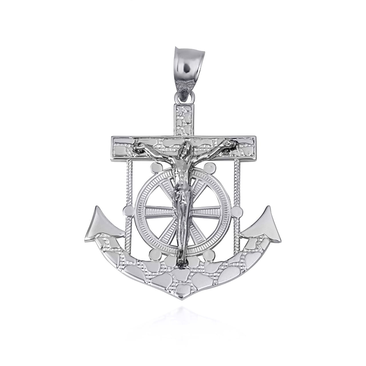 .925 Sterling Silver Mariners Anchor Jesus Cross Nugget Pendant Necklace (S/M/L)