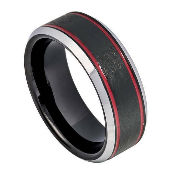 Free Engraving – Tungsten Carbide Charcoal Gray Red Stripes Beveled Edge Ring