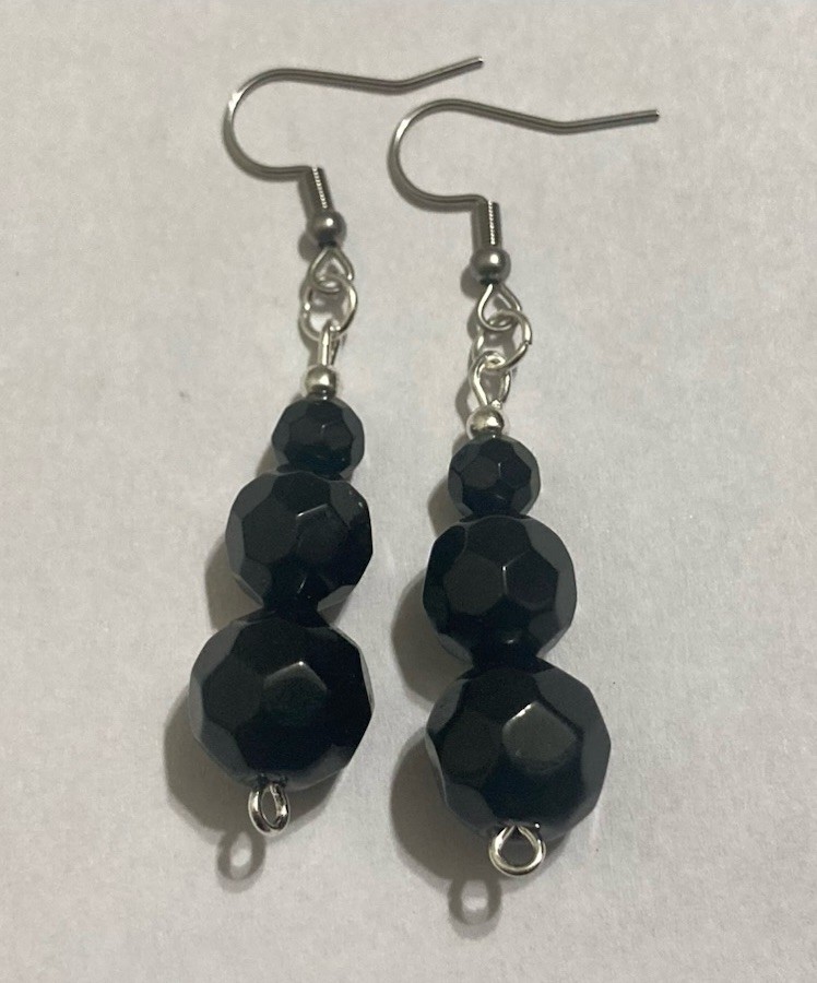 Onyx Obsidian Black Beaded Silver Handmade Boho Dangle Hook Drop Style Earrings