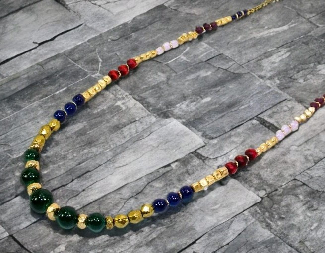 Multi color bead necklace with green, blue brown, gold glass and wood beads New