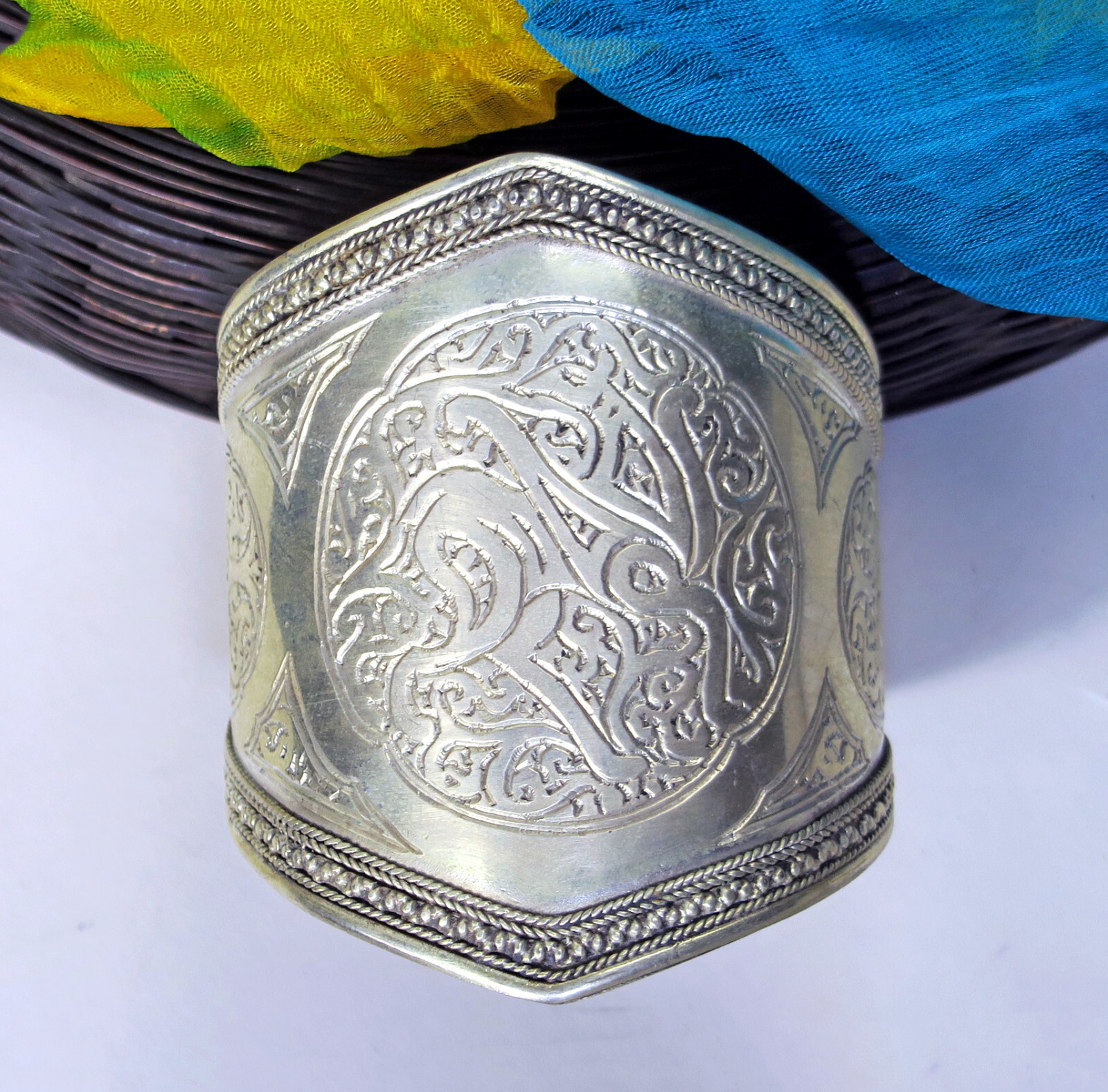 Big Ornately-Engraved Afghan Cuff Bracelet – Handmade Silver Plated #4720