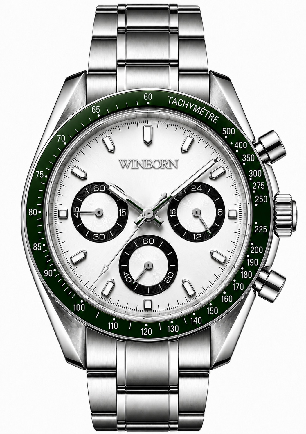 Winborn White Panda Dial Chronograph Watch Green Tachymeter Steel VK63 41mm