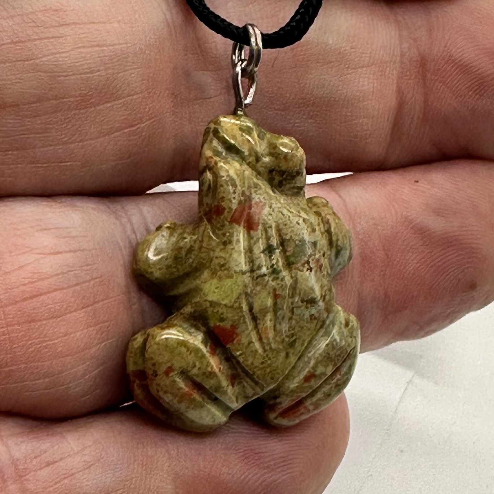 Unakite Stone Frog Pendant Necklace |1 1/4″ Long | Green, Pink | 1 Pendant |