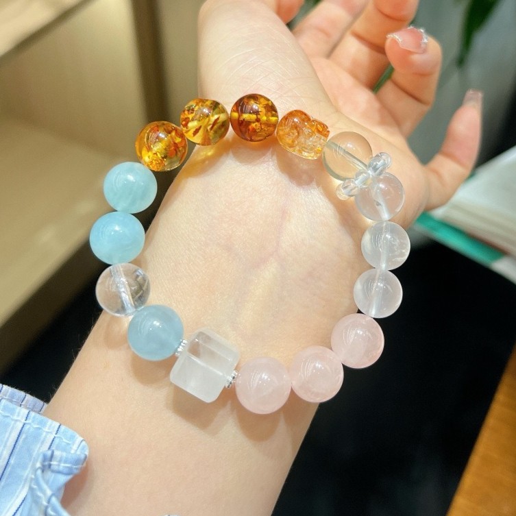 Natural Aquamarine, Rose Quartz, Beeswax, and Amber Handmade Bracelet