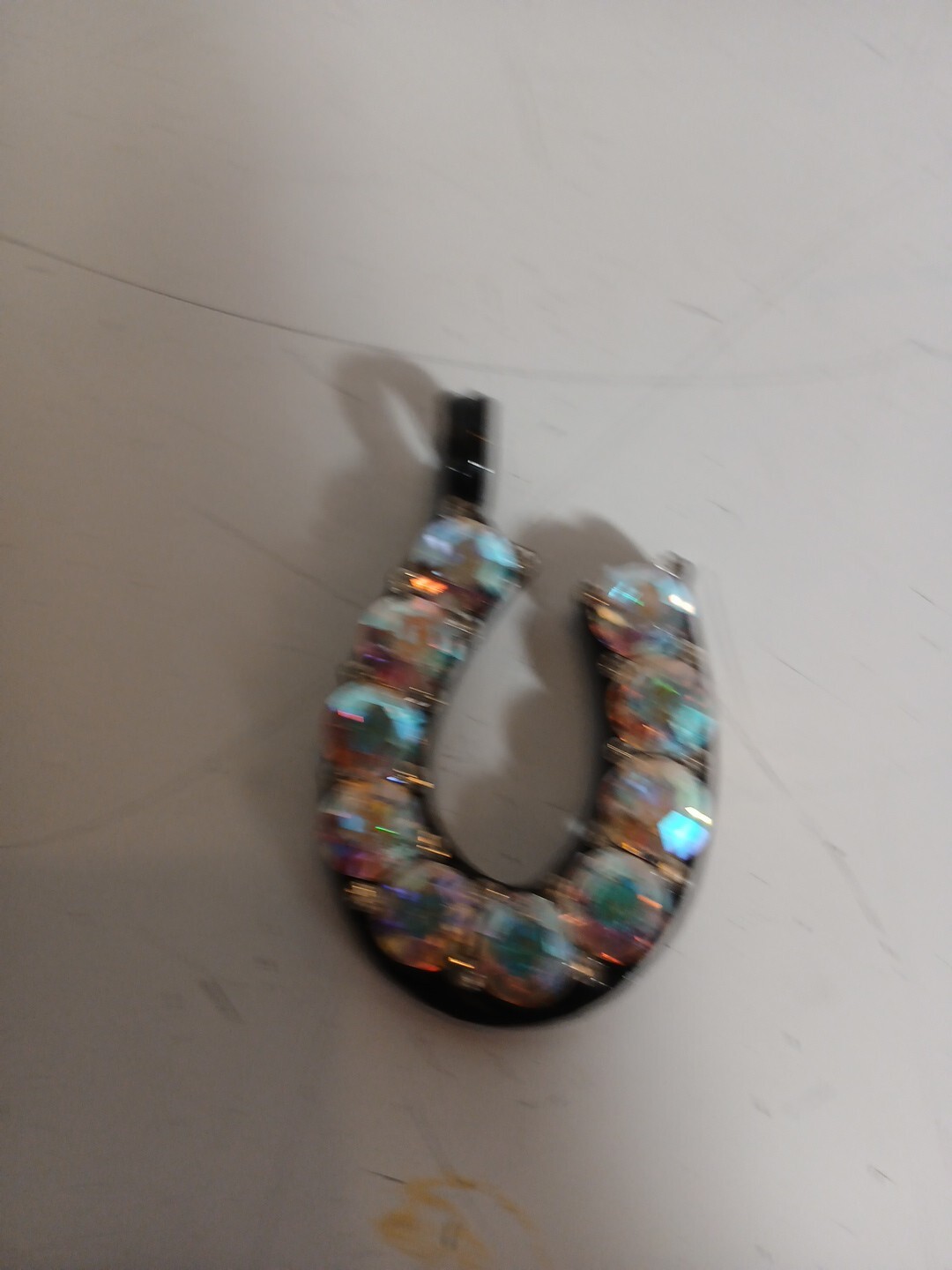 Lucky Horseshoe Pendant Clear Glass AB Rhinestones Large 2″ with Loop for Chain