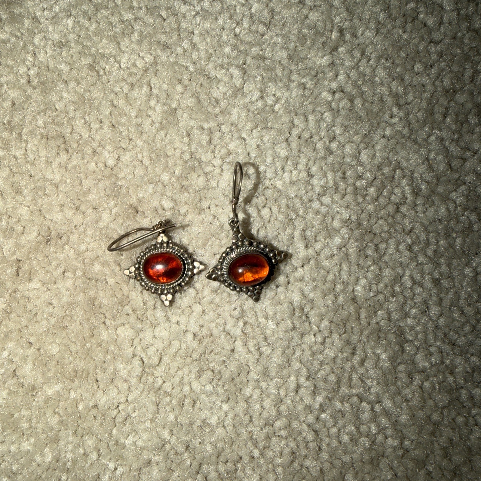 Ornate Vintage Natural Amber Sterling Silver Oval Bali Hook Earrings 10 mm