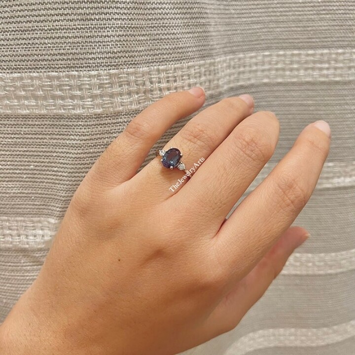 Vintage Alexandrite Ring, Simple Alexandrite Ring Halo Engagement Ring Sterling