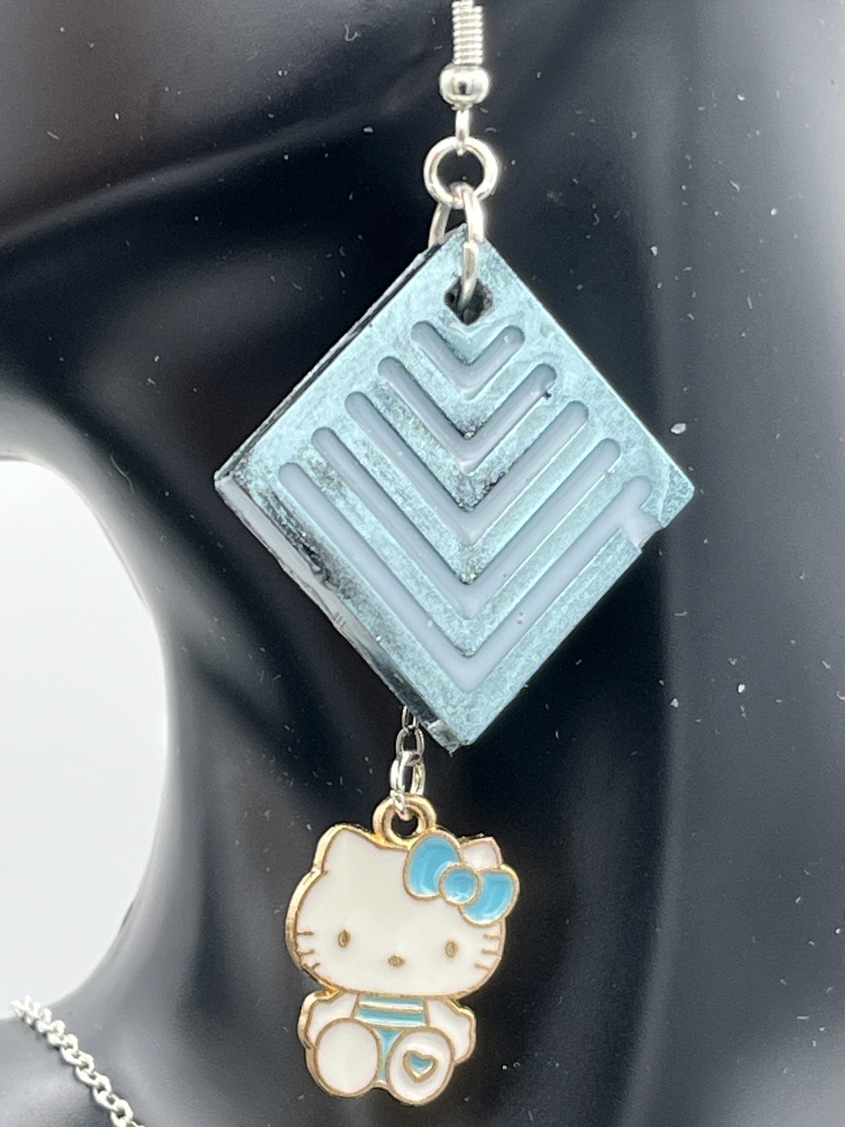 Earring & necklace w/ holographic black hello Kitty blue on silver or gold chain