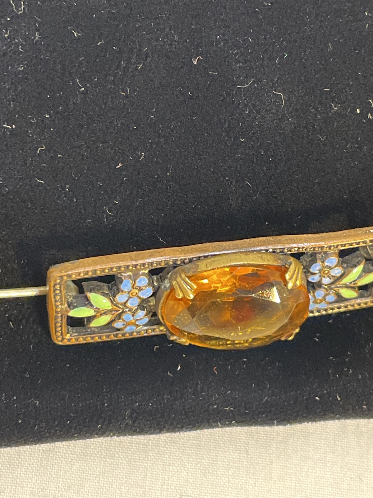 Vintage Brooch Enamel & Stone/Glass Yellow Stone Metal-Brass Or Copper Pin Bac