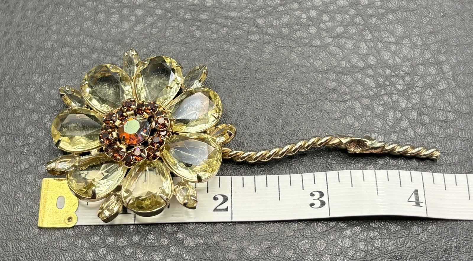 HUGE Aurora Borealis FAUX Citrine Color Rhinestone Flower Brooch MISSING BACK