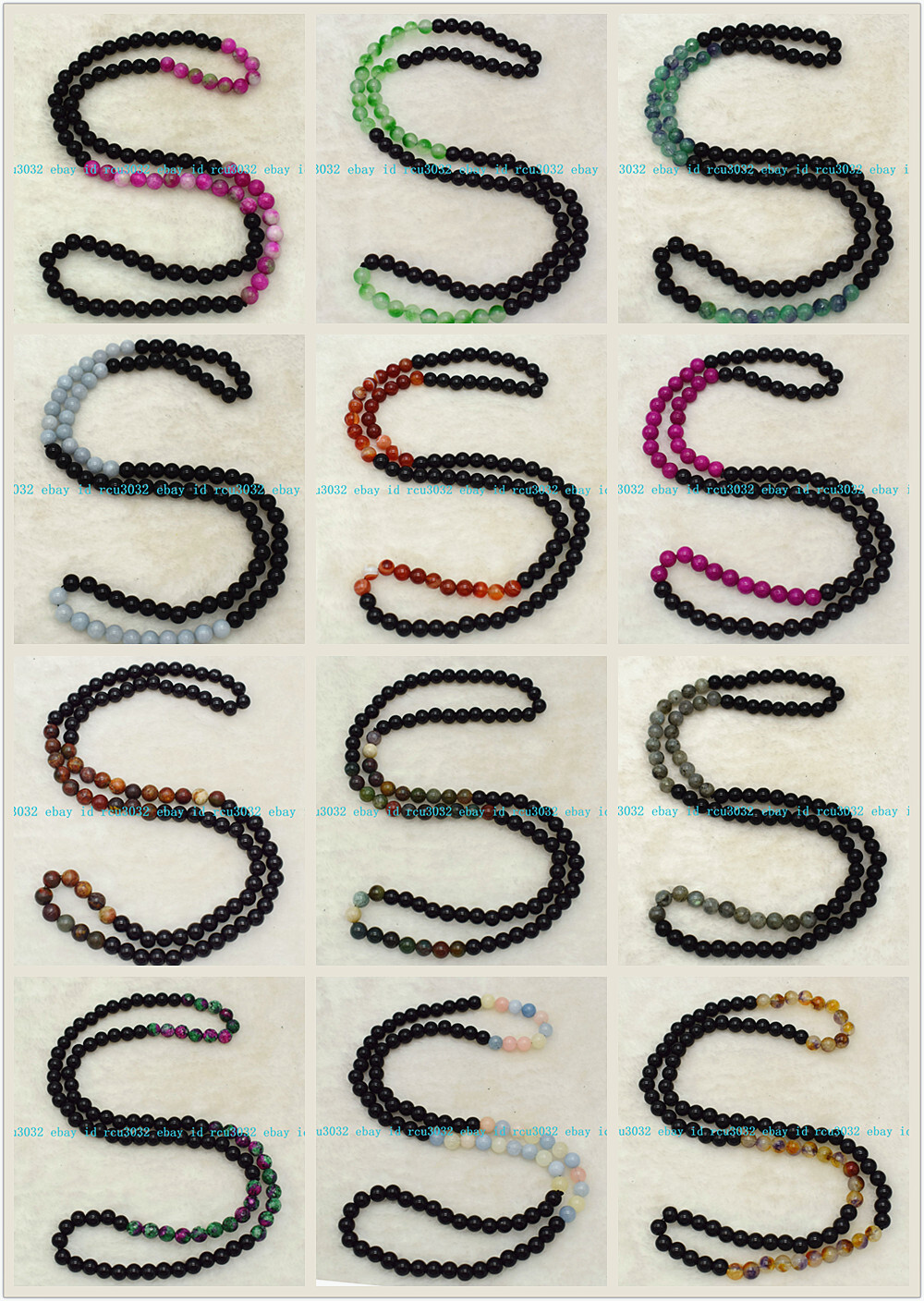 Natural 8mm Black Onyx and Multicolor Jade Round Gemstone Bead Long Necklace 36″