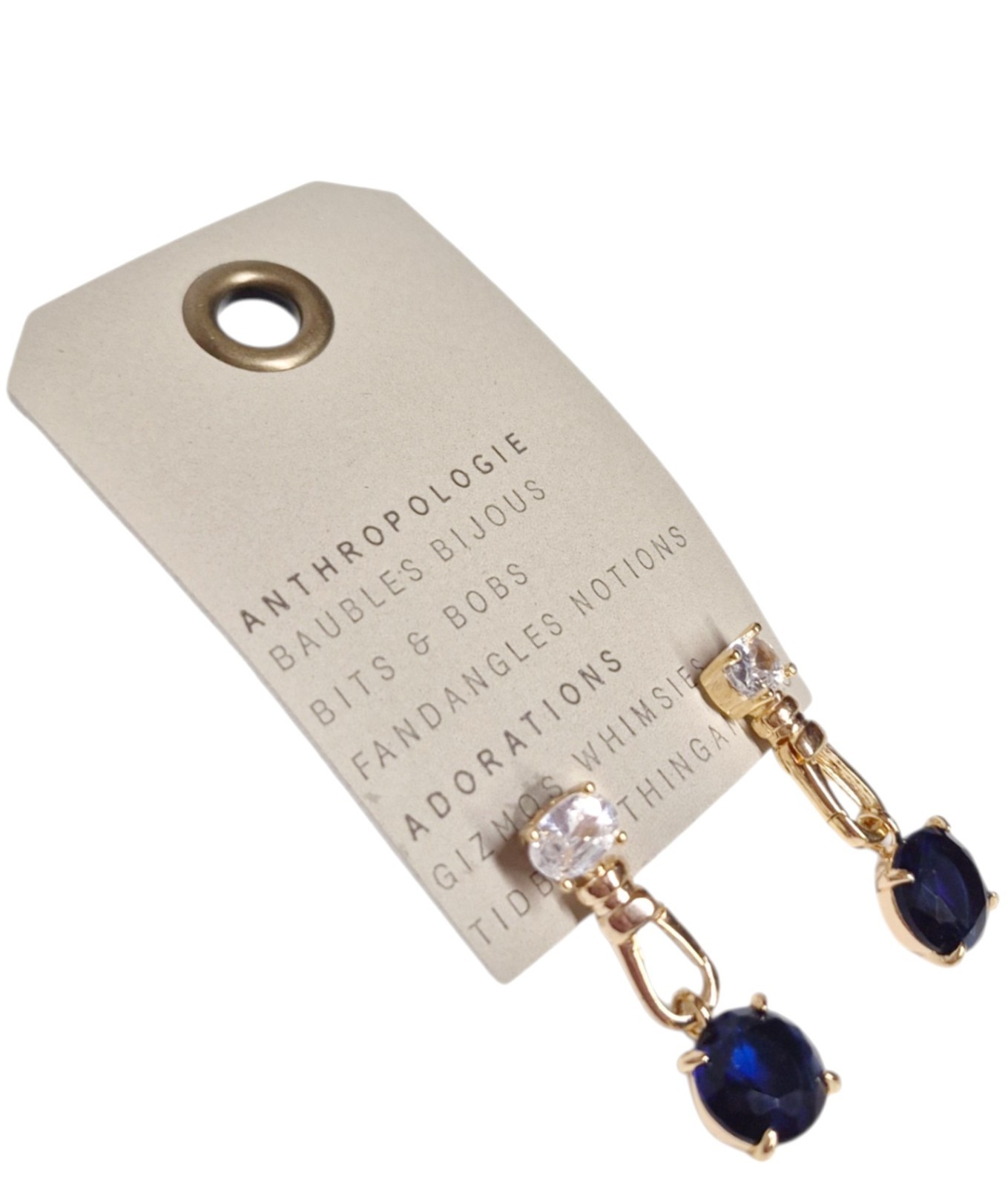 Anthropologie Crystal Clasp Drop Earrings Sapphire Blue 14k Gold Plate Brass NWT