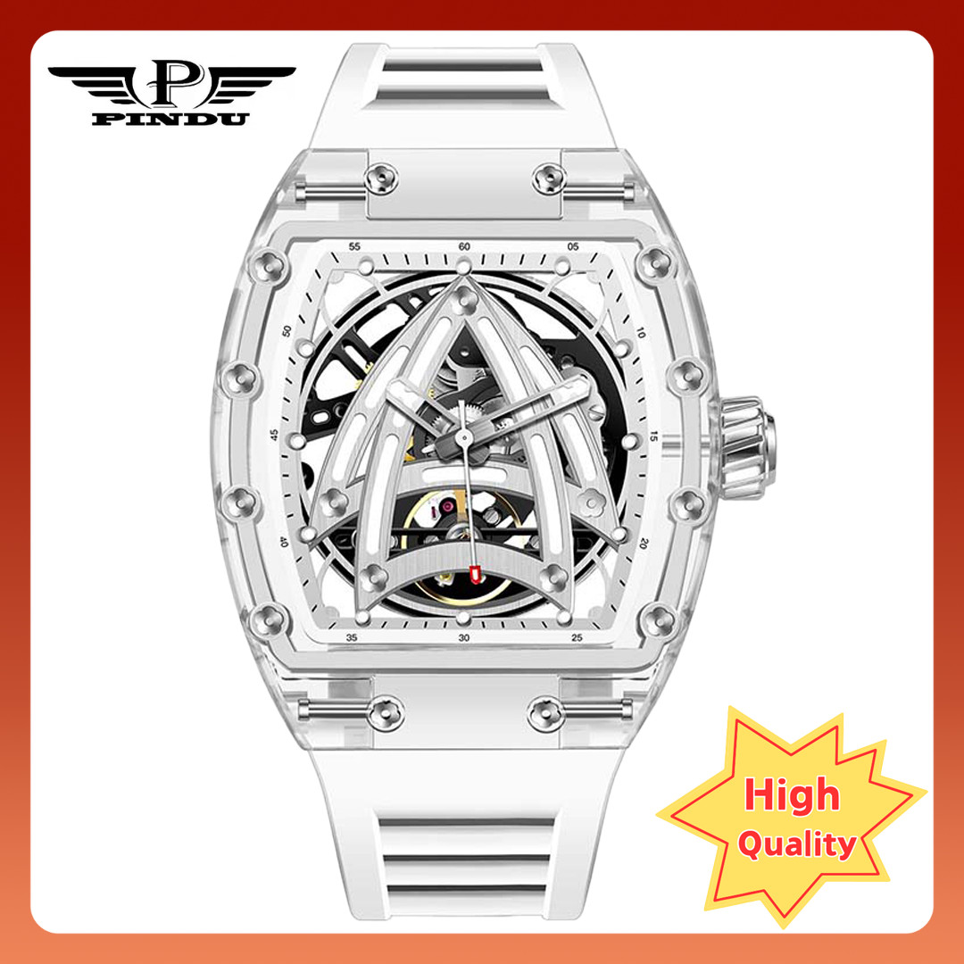 PINDU Glacier Series Watch -Crystal Clear Skeleton Dial K9 Glass Unique Artistic
