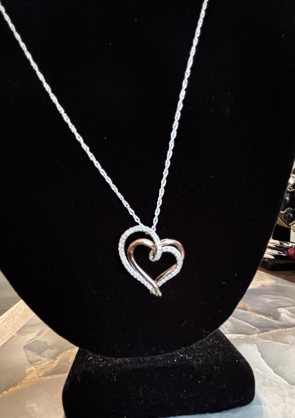 925 Sterling Silver & 1/8 Carat Diamond “2 Hearts Together As One” charm on 20in