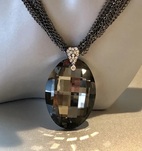 14K Black Rhodium Plated Big Oval Pendant Long Sweater Chain Necklace Gorgeous