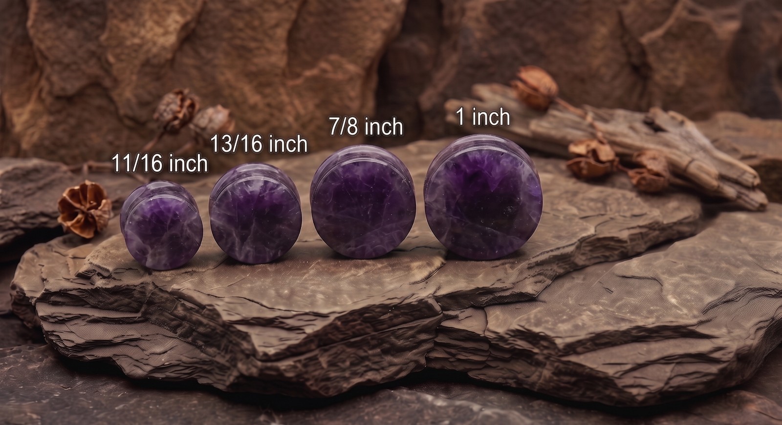 Pair of Solid Amethyst Semi Precious Stone Double Flare Saddle Ear Plugs E553A