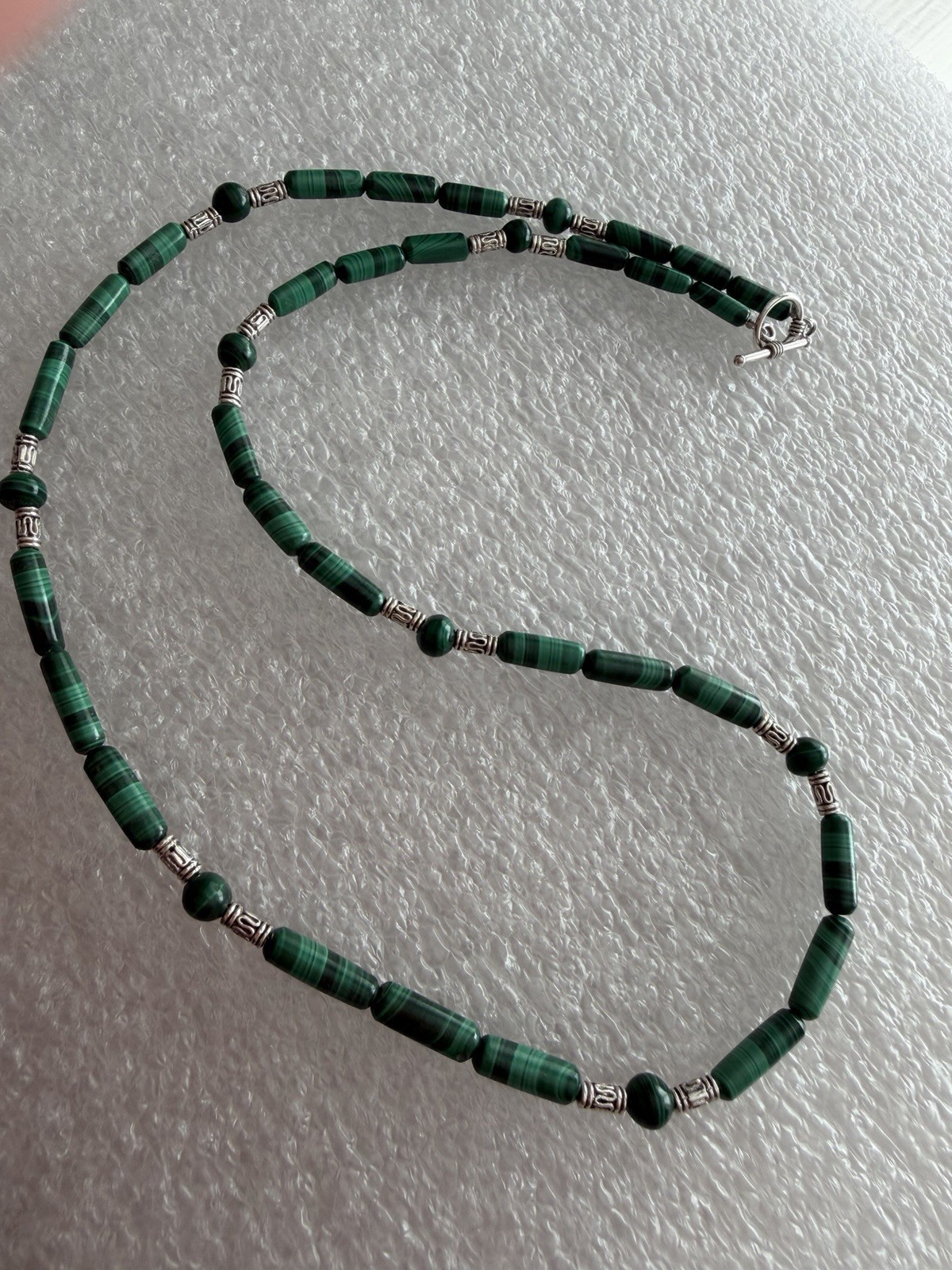 Malachite Tube Necklace with silver plated accents w/Toggle Clasp 24 inch long