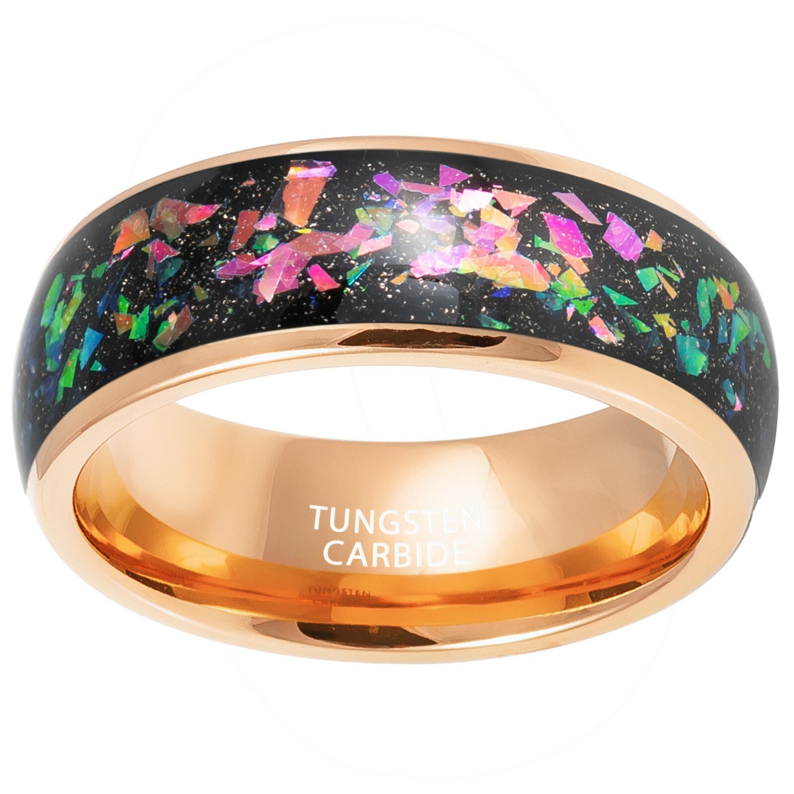 Black/RG Ion-plated w/ Synthetic Opal & Abalone Fragments Inlay Tungsten Ring