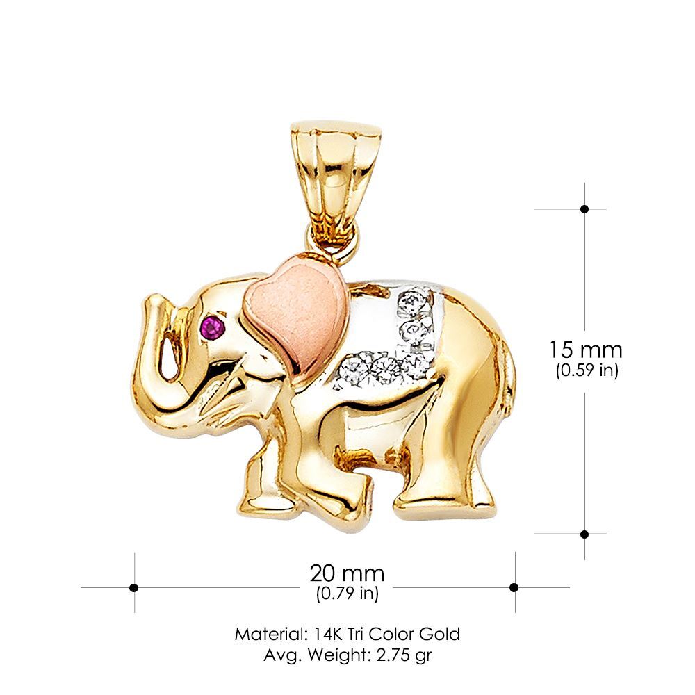14K Tri Color Gold CZ Elephant Charm Pendant & 1.2mm Singapore Chain Necklace