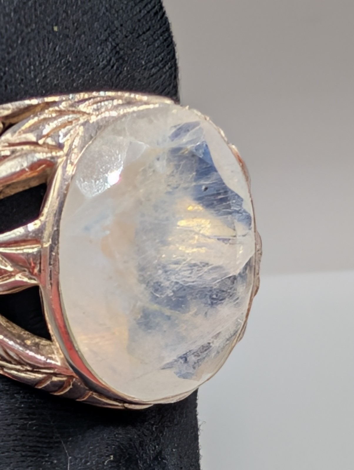 Vintage Artisan Rainbow Moonstone Ring, Openwork Leaf 925 SILVER~MAKER MARK WORN