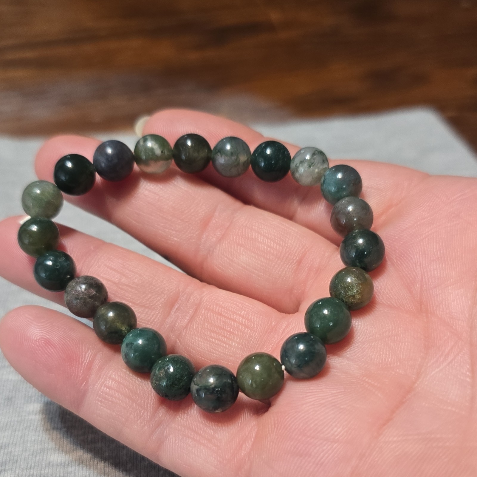 Moss Agate Round Gemstone Beaded Stretch Bracelet No Clasp