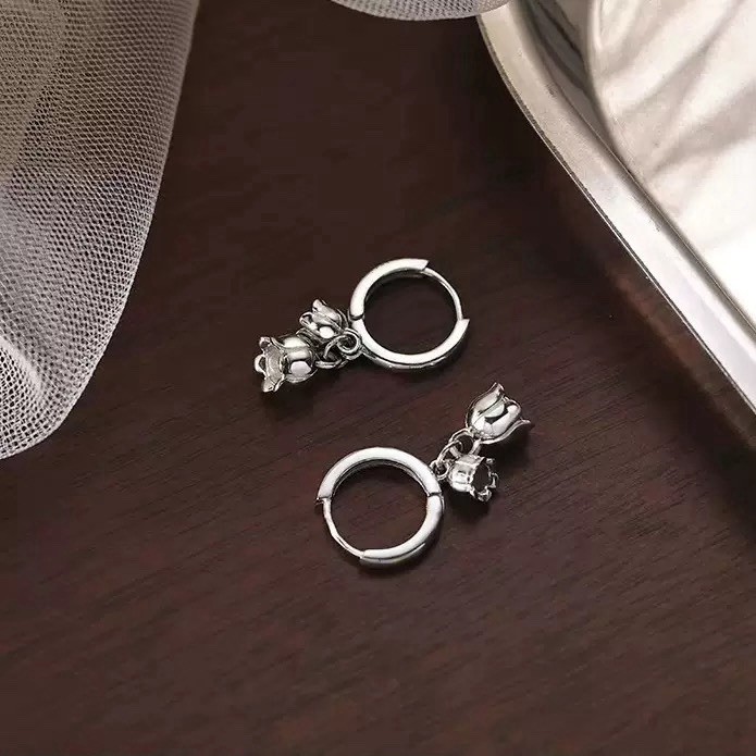 925 Silver Tulip Flower Dangle Huggie Hoop Earrings Floral Drop Earrings 173