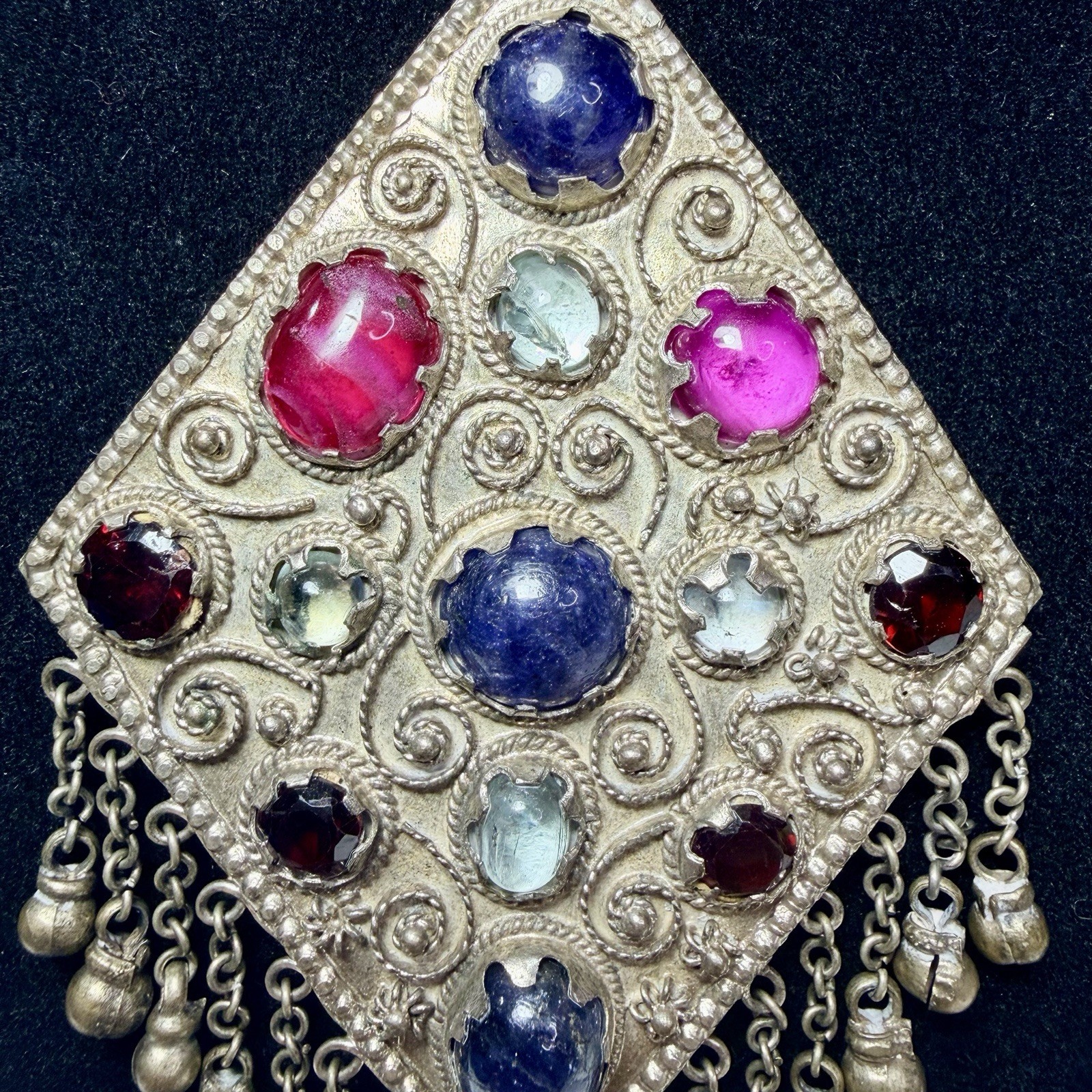 Vintage Kuchi Tribal Pendant Intricate Metalwork Adorned Colored Cabochons