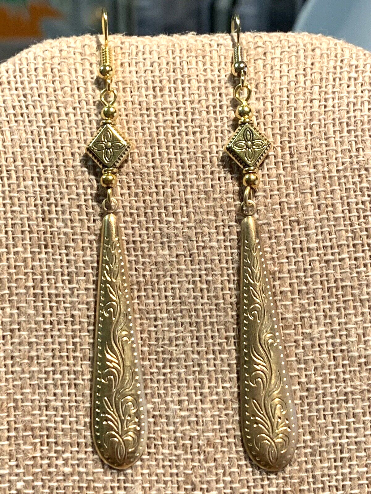 NEW LISTING* HAND-CRAFTED VTG. LARGE ENGRAVED GOLDEN BRASS TAPER DROP EARRINGS