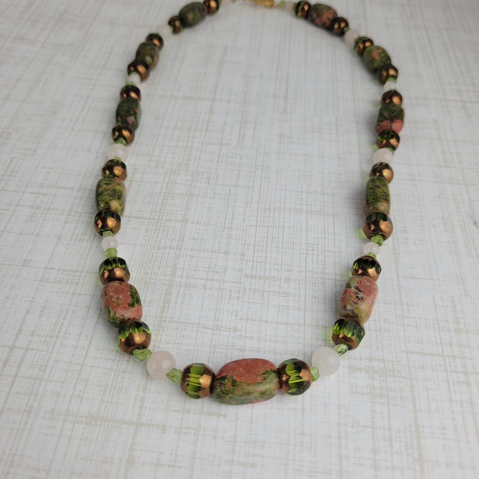 Green and Adobe Pink Color Stone Glass Bead Necklace 17″ Artisan Made