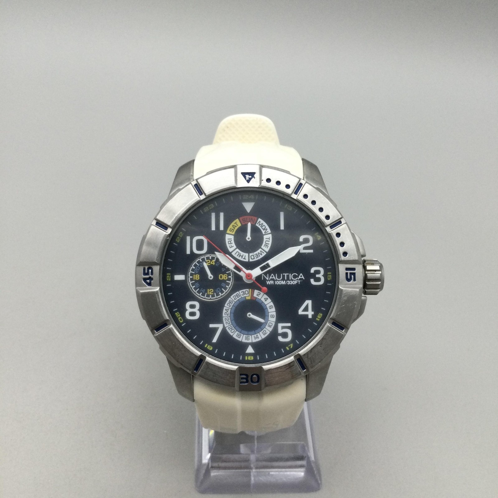 Nautica NA12514G Watch Mens 48mm Stainless Case White Silicone 100M New Battery