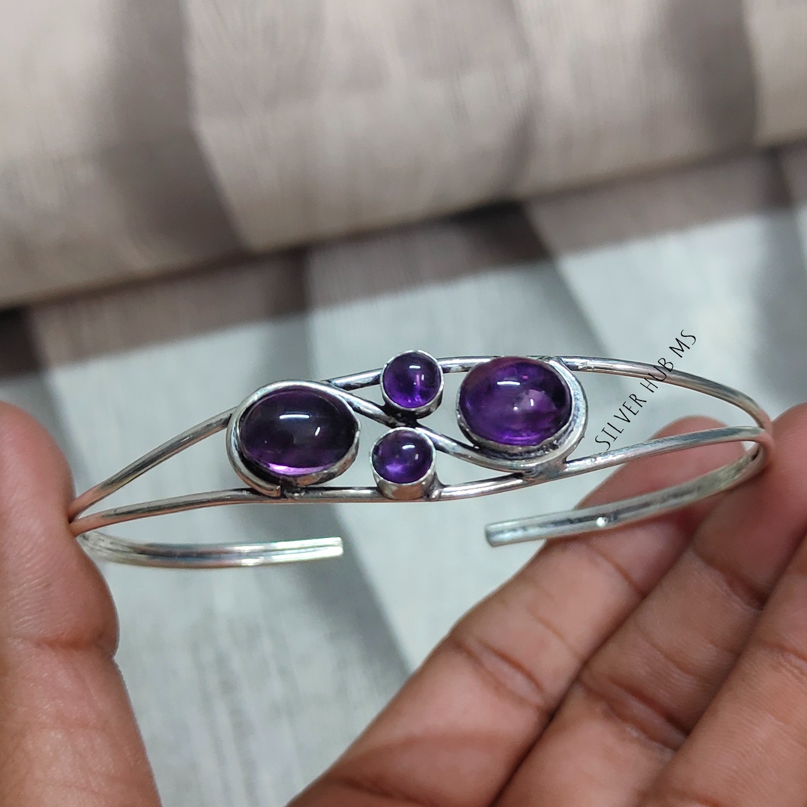 Natural Purple Amethyst Handmade 925 Sterling Silver Four Stone Bangle Cuff