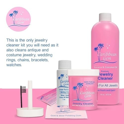 Jewelry Cleaning Kit 16oz & 8oz Solution Basket Brush Polishing Cream Cloth for