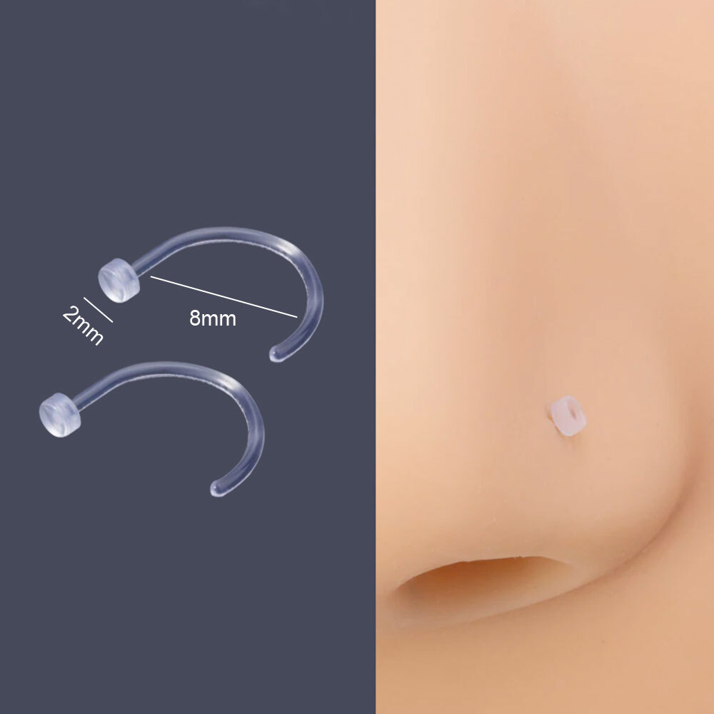 2x Clear Transparent Invisible Nose Stud. See Through Nose Stud Plastic Piercing