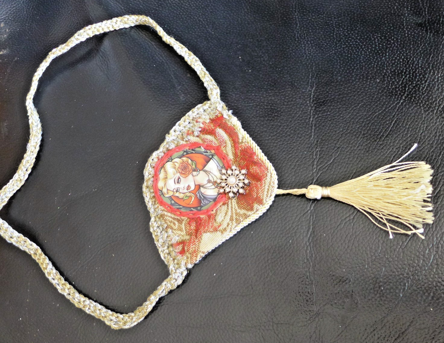 Handmade Crocheted art Necklace Cotton Fabric embroidered crocheted+ Beads