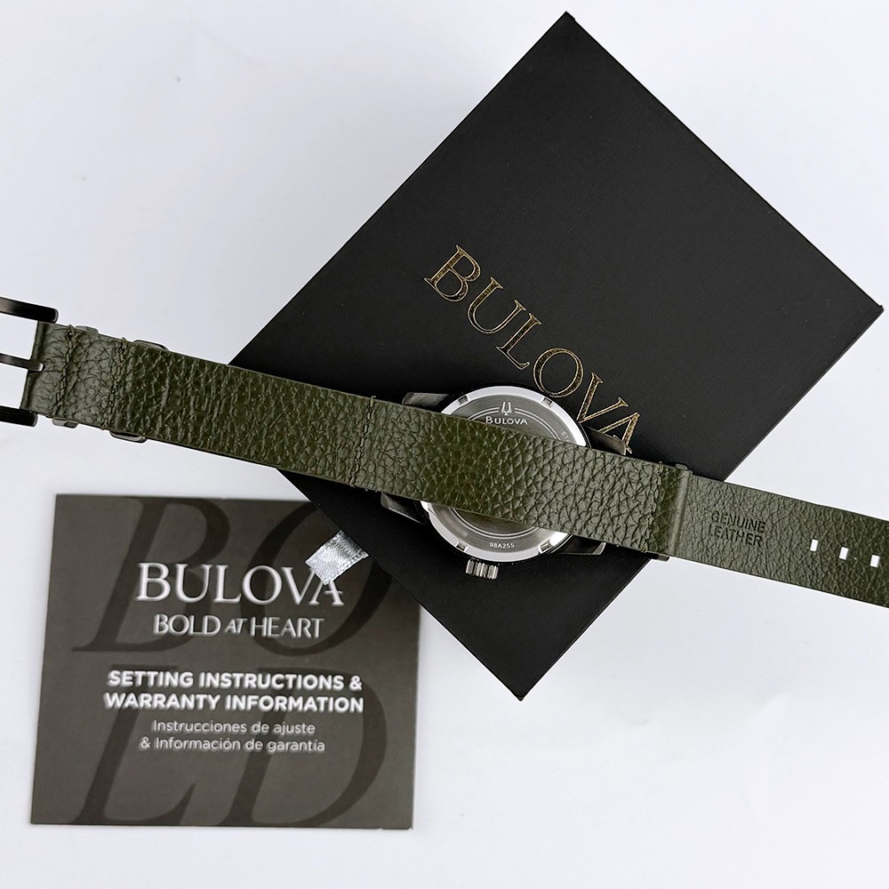 Bulova Men’s Hack Automatic Black Dial Green Leather Strap Watch 98A255