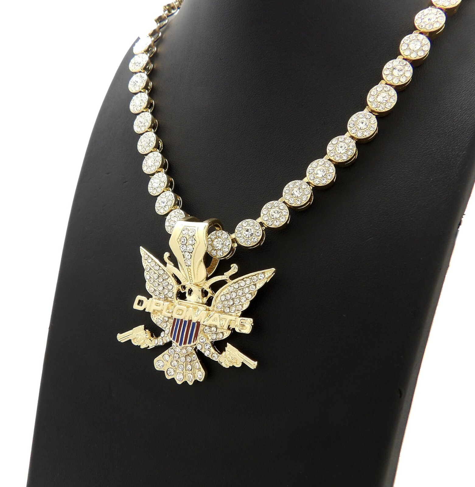 Hip Hop Iced DIPLOMATS Eagle Pendant & 8mm 18″ Cluster Choker Chain Necklace