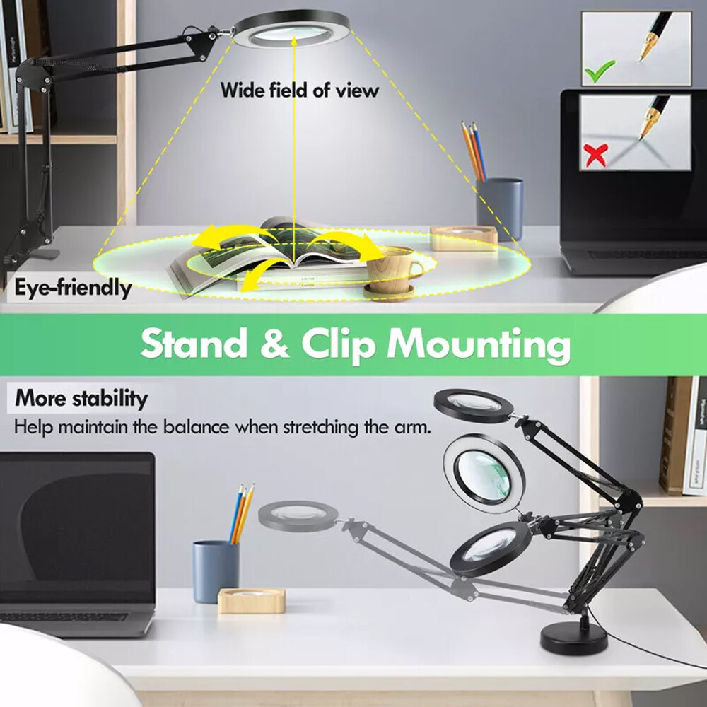10X Magnifying Glass with Light and Stand, 2-in-1 LED Magnifier Desk Lamp for US