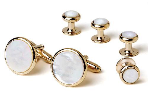 New Real MOP Gold Round Cuff links Cuff links studs 1 Yr GUARANTEE Gift Box