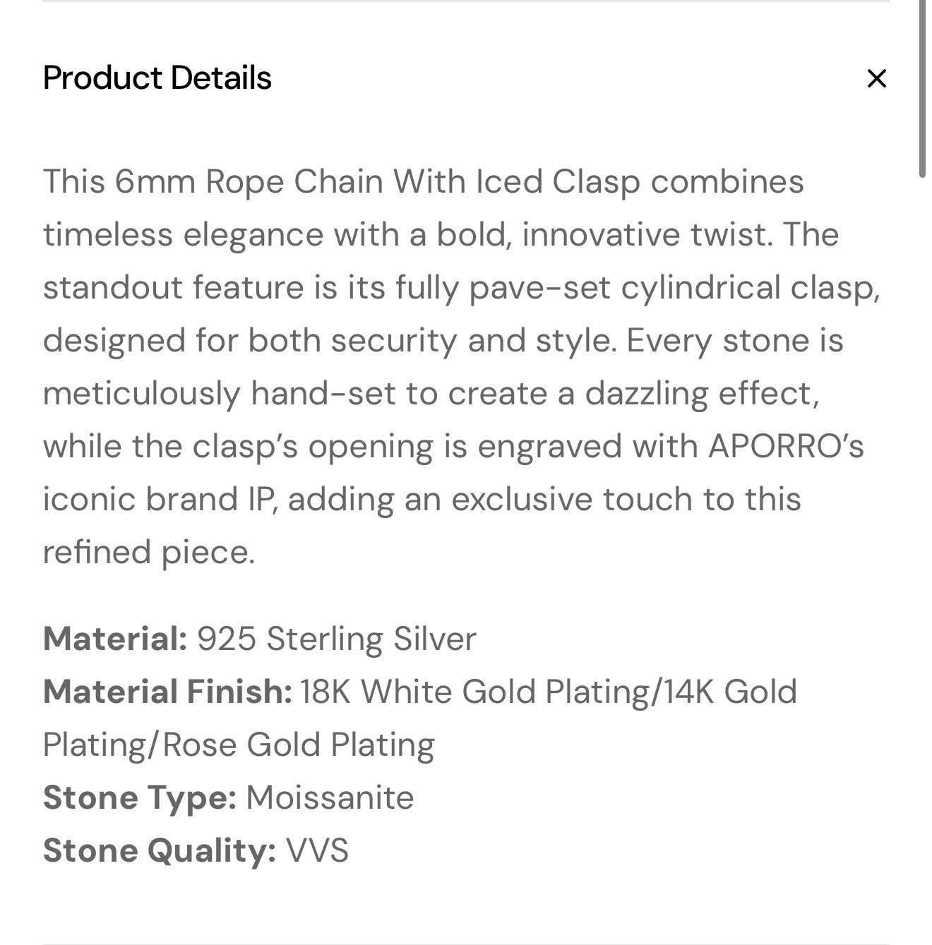 S925 Rope Chain With Moissanite Clasp – 6mm $659 MSRP 18in chain