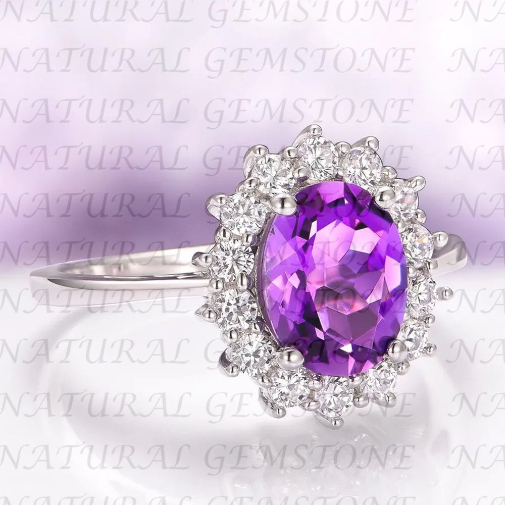 6.80Carat Oval Shape Natural Amethyst and Diamond Ring 18K White Gold Filled