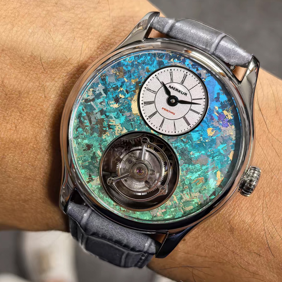 Merkur Men Tourbillon Watch 42mm Mechanical Wristwatch Sapphie Blue Crystal Dial