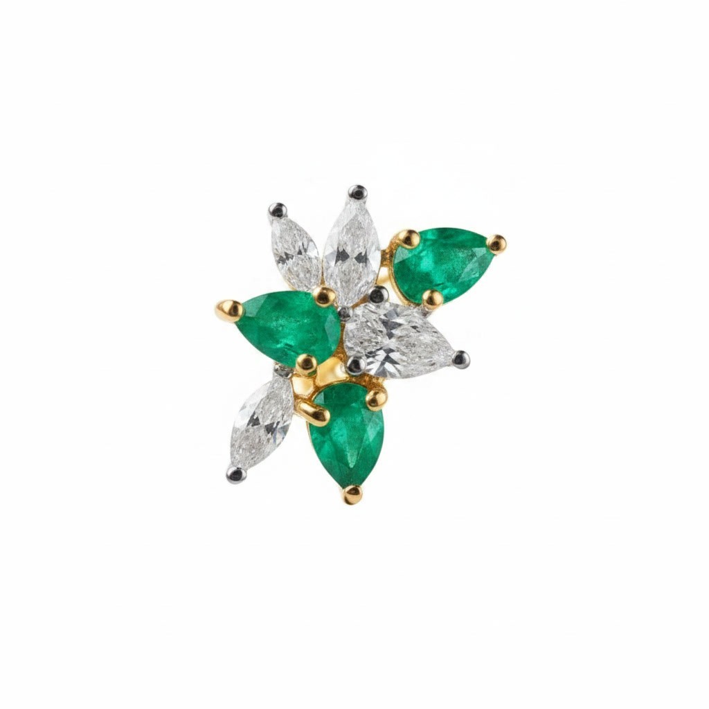 Natural Emerald Flower Cluster Stud Earrings 3x4mm Platinum Plated