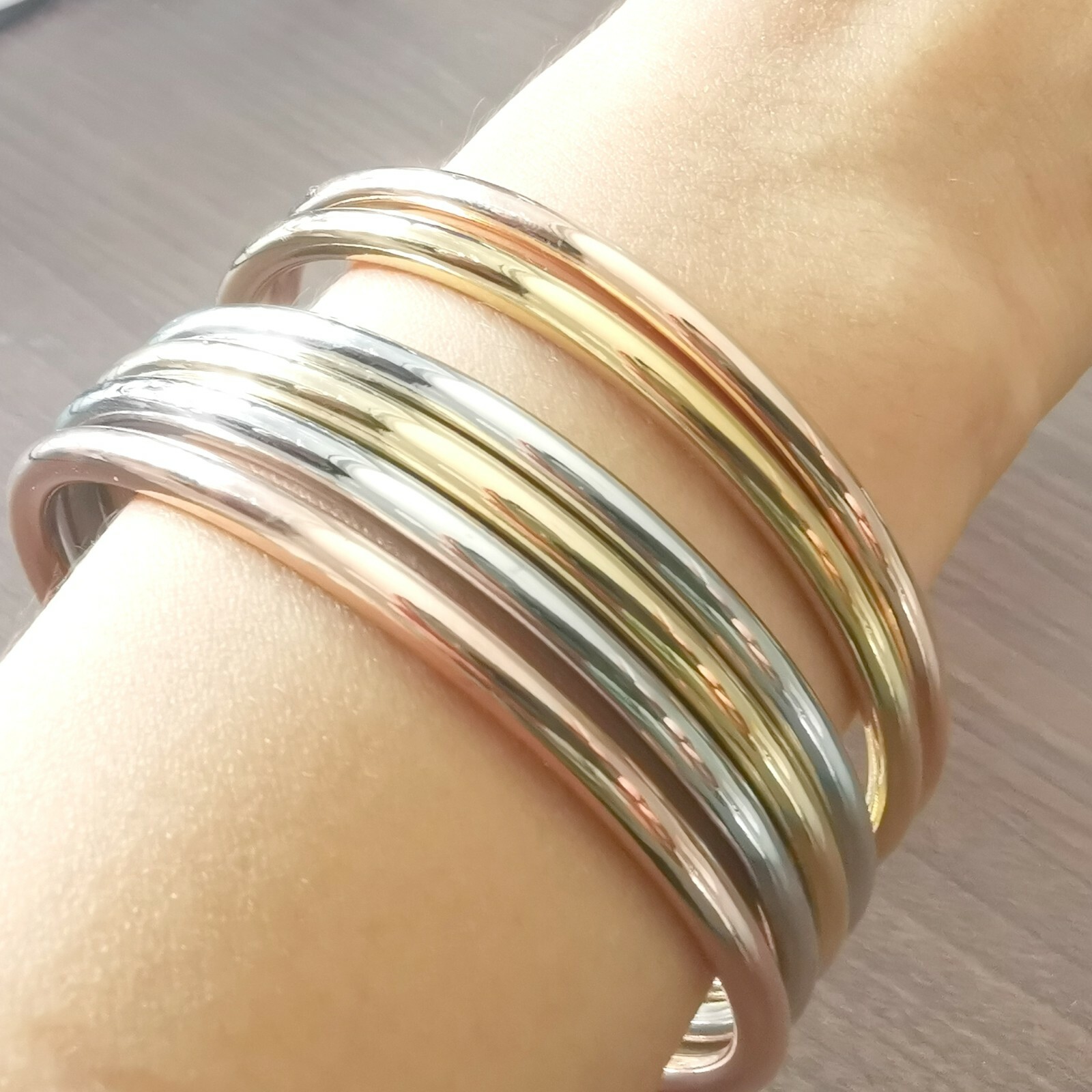 6pcs/Set Fashion Womens 68mm Stainless Steel Multi-tone 4mmCharm Bangle Bracelet