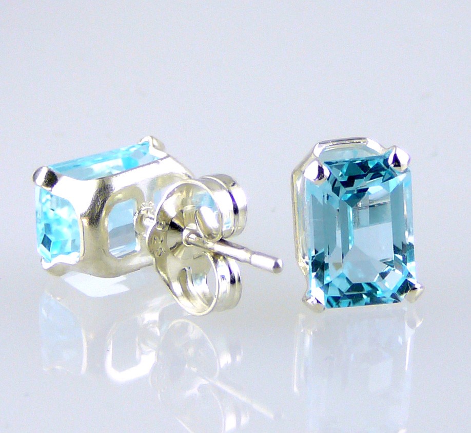 Natural Blue Topaz Emerald cut Stud Earrings .925 SS Sterling Silver 2.40CT