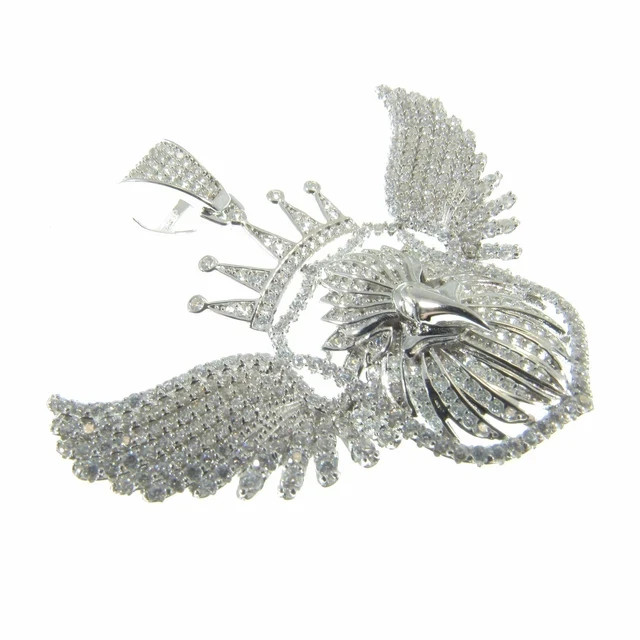 3.20Ct Round Cut Real Moissanite Crowned Eagle Pendant 14K White Gold Plated