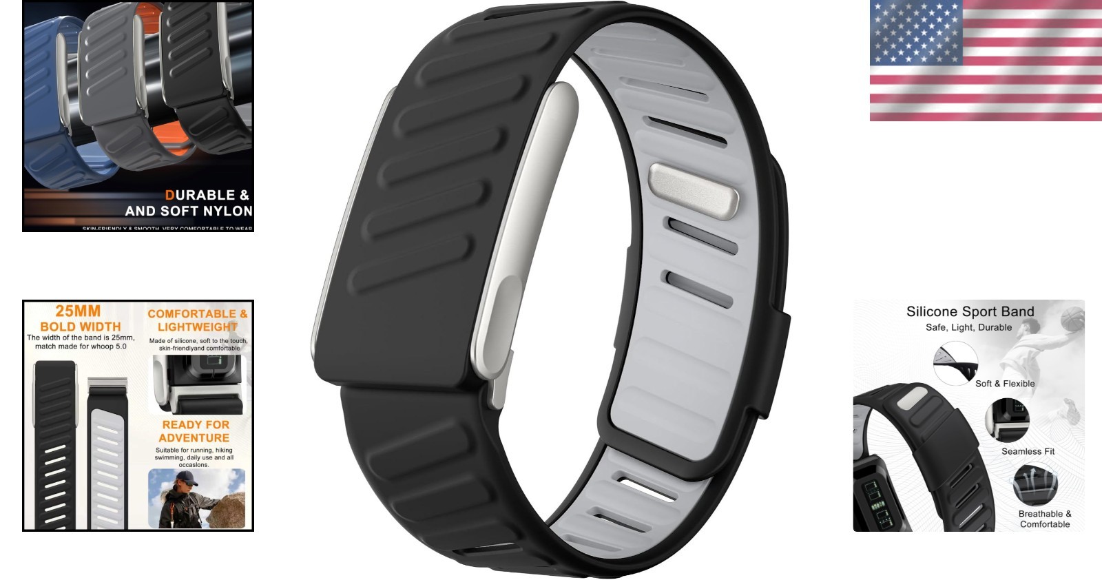 Skin-Friendly Silicone Strap for Whoop 5.0 – Ultimate Comfort in Black/Gray