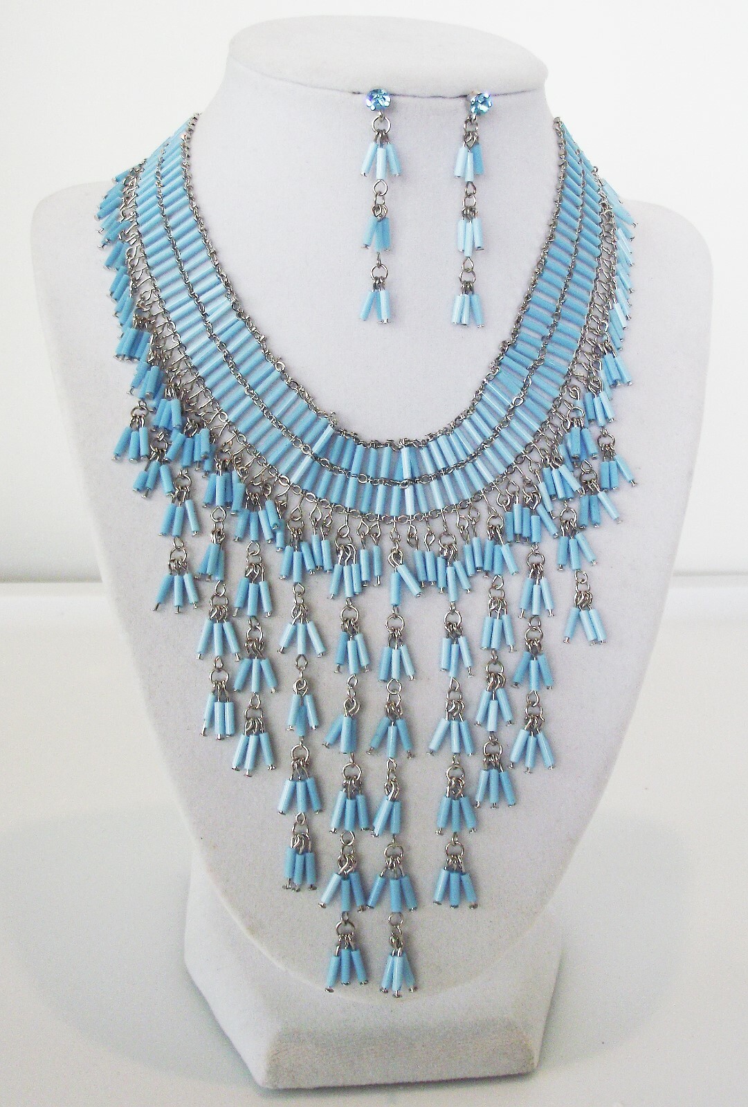 DESIGNER INSPIRED BLUE CRYSTAL BEAD HANDMADE NECKLACE EARRINGS JEWELRY SET NEW
